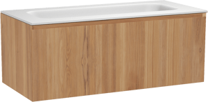 Balmani Idra by Mitra zwevend badkamermeubel 120 x 55 cm teak met Tablo Arcato enkele wastafel voor 2 kraangaten in solid surface mat wit