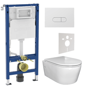Luca Varess Zeno wc suspendu blanc brillant sans bride avec Geberit Duofix UP100 Delta bâti-support et plaque de commande