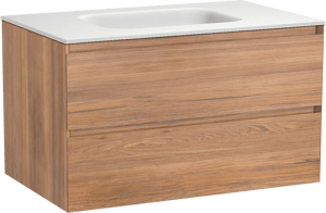 Balmani Mitra zwevend badkamermeubel 90 x 55 cm teak met Tablo Arcato enkele wastafel in solid surface mat wit