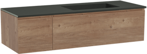 Storke Edge zwevend badkamermeubel 140 x 52 cm ruwe eik met Scuro asymmetrisch rechtse wastafel in kwarts mat zwart