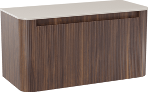 Storke Soft zwevend badkamermeubel 100 x 46 cm notelaar met Tavola Soft enkele tablet in solid surface beige granita, Verticale symmetrische rechte ribbel