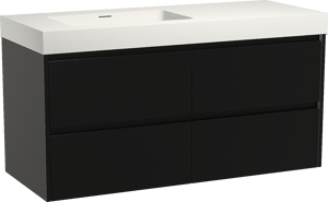 Storke Seda zwevend badkamermeubel 130 x 52 cm mat zwart met Mata High asymmetrisch linkse wastafel in solid surface mat wit