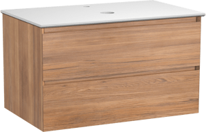 Balmani Mitra zwevend badkamermeubel 90 x 55 cm teak met Facetta enkel tablet in solid surface mat wit