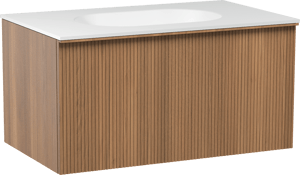 Balmani Forma hängendes Möbelstück Set: 90 x 55 cm, Teak, mit Tablo Oval Einzelwaschtisch, Solid Surface, Weiß matt, Vertikale symmetrische gerade Rippe