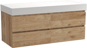 Balmani Lucida meuble salle de bains suspendu 135 x 55 cm chêne brut avec Dominus tablette simple ou double en solid surface blanc mat