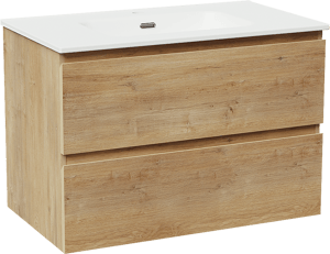 Linie Lado zwevend badmeubel 80 x 46 cm naturel eiken met Baro enkele wastafel in porselein mat wit