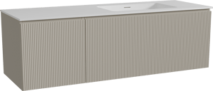 Storke Ribs zwevend badkamermeubel 150 x 52 cm zijdegrijs met Mata asymmetrisch rechtse wastafel in solid surface mat wit, Verticale symmetrische rechte ribbel