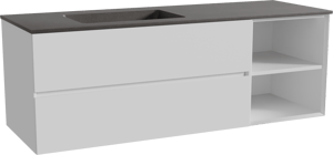 Storke Edge zwevend badkamermeubel 150 x 52 cm mat wit met Scuro asymmetrisch linkse wastafel in kwarts mat zwart