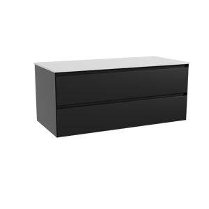 Balmani Mitra hängendes Möbelstück Set: 120 x 55 cm, Schwarz matt, mit Stretto Einzel- oder Doppel Waschtischplatte, Solid Surface Weiß matt