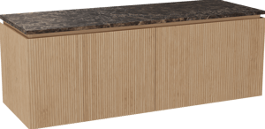 Balmani Eclips zwevend badmeubel 150 x 55 cm Natuur eiken met Stretto enkel of dubbel wastafelblad in Dark Emperador marmer, Verticale symmetrische rechte ribbel