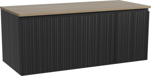 Storke Ribs zwevend badkamermeubel 120 x 52 cm zwarte eik met Panton enkel of dubbel tablet in melamine ruwe eik, Verticale asymmetrische rechte ribbel