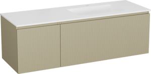 Storke Ribs zwevend badkamermeubel 150 x 52 cm zijdegrijs met Bilia asymmetrisch rechtse wastafel in composietmarmer glanzend wit, Verticale symmetrische rechte ribbel