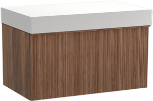 Balmani Forma meuble salle de bains suspendu 90 x 55 cm noyer américain avec Dominus tablette simple en solid surface blanc mat, Nervure circulaire asymétrique verticale