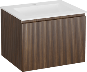 Storke Ribs meuble salle de bains suspendu 65 x 52 cm noyer avec Bilia plan simple en marbre composite blanc brillant, Nervure droite symétrique verticale