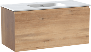 Linie Lado zwevend badkamermeubel 100 x 46 cm natuur eik met Baro enkele wastafel in porselein glanzend wit