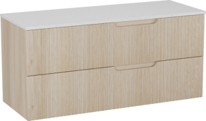 Linie Ribbo meuble salle de bains suspendu 120 x 46 cm chêne clair avec Lado tablette simple ou double en mélaminé terrazzo blanc, Nervure circulaire symétrique verticale