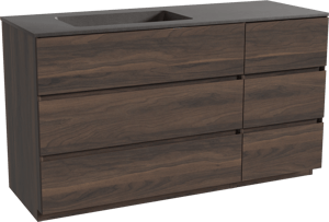 Storke Edge staand badkamermeubel 140 x 52 cm notelaar met Scuro asymmetrisch linkse wastafel in kwarts mat zwart