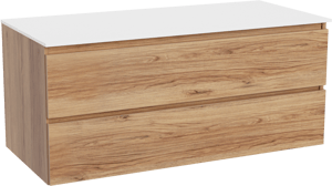 Balmani Lucida hängendes Möbelstück Set: 120 x 55 cm, Teak, mit Stretto Einzel- oder Doppel Waschtischplatte, Solid Surface Weiß matt