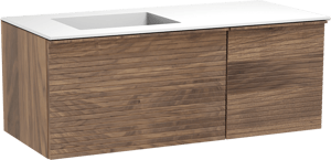 Balmani Forma zwevend badkamermeubel 120 x 55 cm amerikaanse notelaar met Tablo Stretto asymmetrisch linkse wastafel in solid surface mat wit, Horizontale symmetrische rechte ribbel