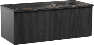 Balmani Forma zwevend badkamermeubel 120 x 55 cm zwarte eik met Tablo Arcato enkele wastafel voor 2 kraangaten in marmer portoro gold, Verticale symmetrische rechte ribbel