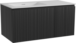 Storke Ribs zwevend badkamermeubel 100 x 52 cm zwarte eik met Mata asymmetrisch linkse wastafel in solid surface mat wit, Verticale asymmetrische rechte ribbel