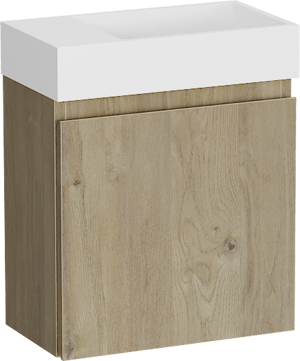 Storke Square zwevend toiletmeubel 40 x 22 cm Ruwe eik met Fada wastafel in mat witte Solid Surface