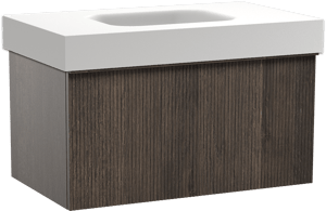 Balmani Forma zwevend badkamermeubel 90 x 55 cm gerookte eik met Arcato enkele wastafel in solid surface mat wit, Verticale symmetrische rechte ribbel