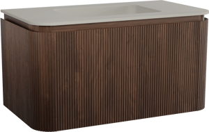 Balmani Moon zwevend badkamermeubel 100 x 55 cm amerikaanse notelaar met Moon enkele wastafel in top solid zijdegrijs, Verticale symmetrische rechte ribbel