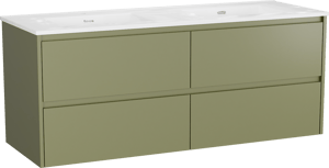 Storke Seda zwevend badkamermeubel 150 x 52 cm olijfgroen met Kera dubbele wastafel in porselein glanzend wit, inclusief crepines