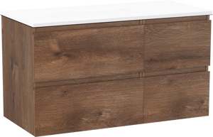Linie Lado zwevend badkamermeubel 100 x 46 cm bruine eik met Lado enkel of dubbel tablet in composietmarmer glanzend wit