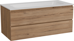 Balmani Lucida zwevend badkamermeubel 120 x 55 cm teak met Tablo Strada enkele wastafel in composietmarmer mat wit