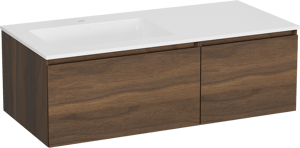 Storke Edge meuble salle de bains suspendu 110 x 52 cm noyer avec Bilia vasque asymétrique gauche en marbre composite blanc brillant