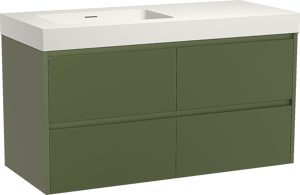Storke Seda zwevend badkamermeubel 120 x 52 cm olijfgroen met Mata High asymmetrisch linkse wastafel in solid surface mat wit