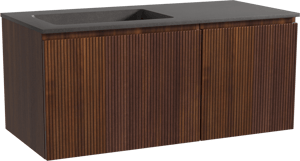 Storke Ribs zwevend badkamermeubel 110 x 52 cm notelaar met Scuro asymmetrisch linkse wastafel in kwarts mat zwart, Verticale symmetrische rechte ribbel