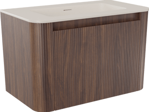 Storke Soft zwevend badkamermeubel 80 x 46 cm notelaar met Mata Soft enkele wastafel in solid surface beige granita, Verticale symmetrische rechte ribbel