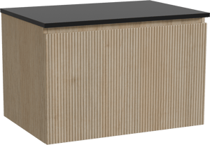 Storke Ribs meuble salle de bains suspendu 75 x 52 cm chêne brut avec Panton tablette simple en mdf enduit de poudre noir mat, Nervure droite symétrique verticale