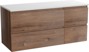 Linie Lado zwevend badkamermeubel 120 x 46 cm bruine eik met Lado dubbel tablet in composietmarmer glanzend wit