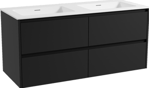 Storke Seda zwevend badkamermeubel 130 x 52 cm mat zwart met Mata dubbele wastafel in solid surface mat wit