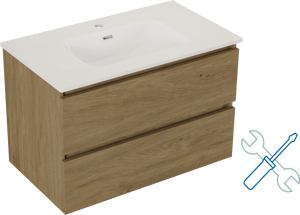 SanyOne Eli meuble salle de bains à assembler suspendu 80 x 46 cm chêne avec Baro plan simple en porcelaine blanc brillant