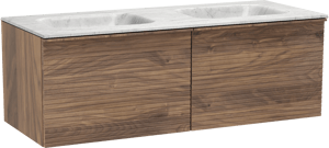 Balmani Forma zwevend badkamermeubel 135 x 55 cm amerikaanse notelaar met Tablo Arcato dubbele wastafel in marmer carrara, Horizontale symmetrische rechte ribbel