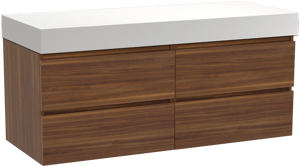 Balmani Lucida meuble salle de bains suspendu 135 x 55 cm noyer américain avec Dominus tablette simple ou double en solid surface blanc mat