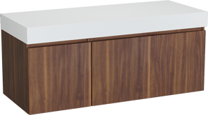 Balmani Sfera by Lucida zwevend badkamermeubel 135 x 55 cm amerikaanse notelaar met Dominus enkel of dubbel tablet in solid surface mat wit