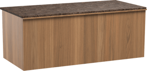 Balmani Forma hängendes Möbelstück Set: 120 x 55 cm, Teak, mit Stretto Einzel- oder Doppel Waschtischplatte, Marmor, Dark Emperador, Vertikale symmetrische gerade Rippe