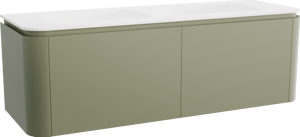 Balmani Moon zwevend badkamermeubel 160 x 55 cm saliegroen met Moon dubbele wastafel in solid surface mat wit