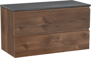 Linie Lado zwevend badkamermeubel 100 x 46 cm bruine eik met Lado enkel of dubbel tablet in melamine leisteen grijs