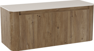 Storke Soft zwevend badmeubel 120 x 46 cm ruw eiken met Tavola Soft enkel of dubbel wastafelblad in solid surface beige granita, Verticale symmetrische rechte ribbel