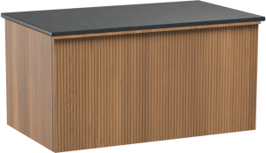 Balmani Forma hängendes Möbelstück Set: 90 x 55 cm, Teak, mit Stretto Einzel Waschtischplatte, Granit, Schwarzes Granit, Vertikale symmetrische gerade Rippe