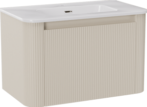 Storke Soft zwevend badkamermeubel 80 x 46 cm Sand mat met Kera Soft enkele wastafel in porselein glanzend wit, Verticale symmetrische rechte ribbel