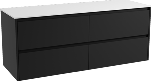 Storke Seda zwevend badkamermeubel 150 x 52 cm mat zwart met Tavola enkel of dubbel tablet in solid surface mat wit