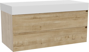 Balmani Mitra hängendes Möbelstück Set: 120 x 55 cm, Rohe Eiche, mit Dominus Einzel- oder Doppel Waschtischplatte, Solid Surface Weiß matt